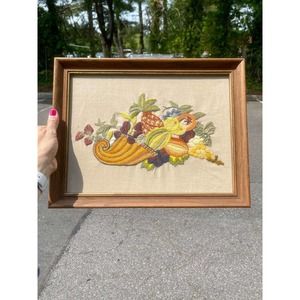 Fruit Cornucopia Embroidery Art, Needlepoint Horn of Plenty